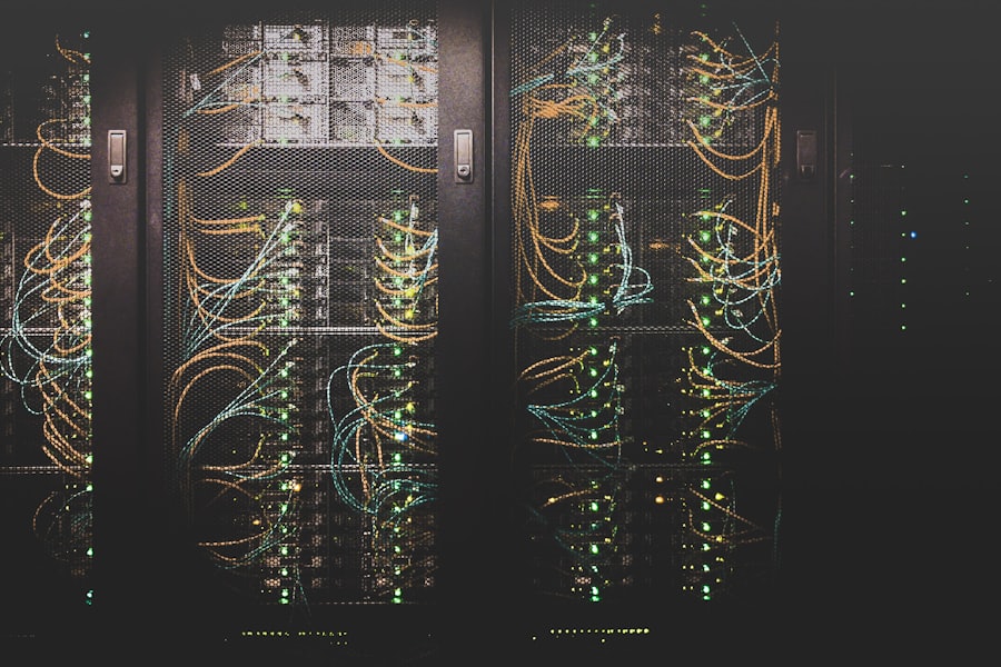 Server racks with fiber cabling in a data center