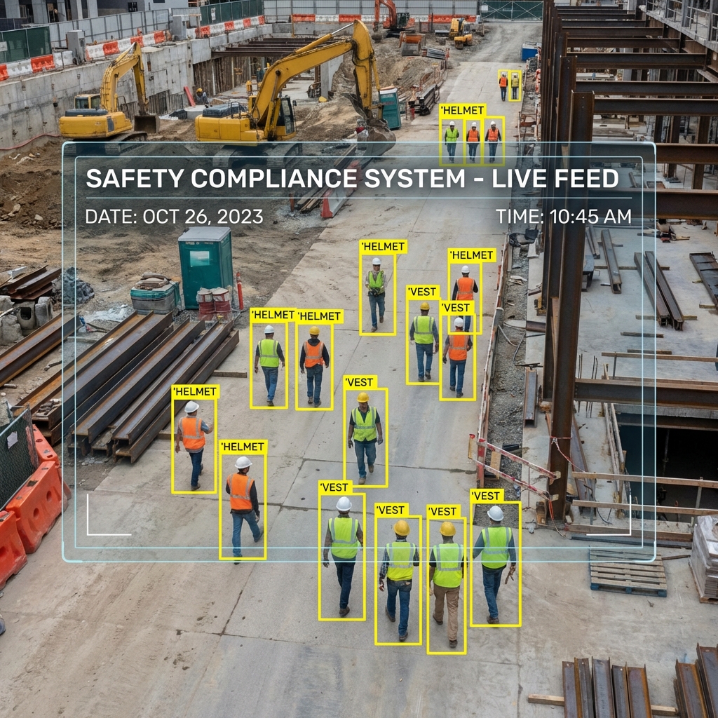 Construction worker detected wearing required helmet and high-visibility vest